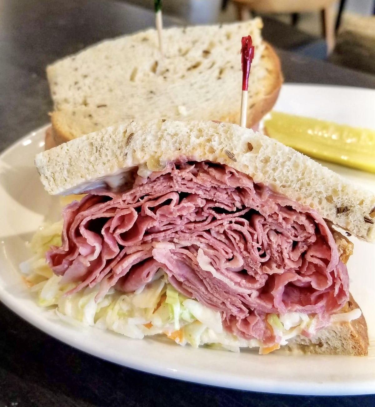 Roast beef sandwich piled high