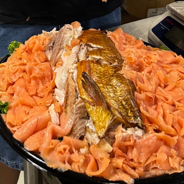 A large platter of New York Bagels `N Bialys' lox, smoked salmon, and whitefish.
