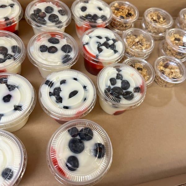 Numerous clear plastic cups filled with yogurt and blueberries, and some with granola, in a box.