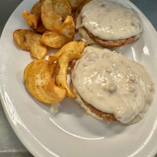Biscuits & Gravy with 2 Eggs (*)